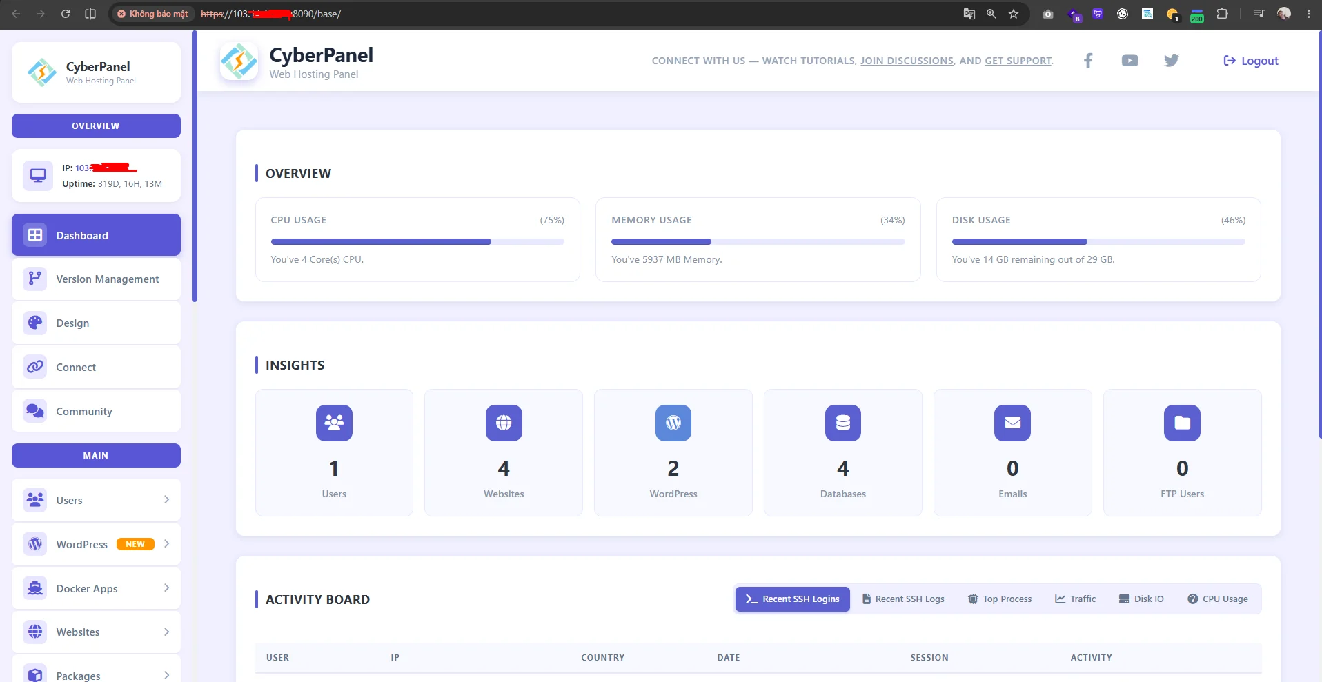 giao diện dashboard CyberPanel
