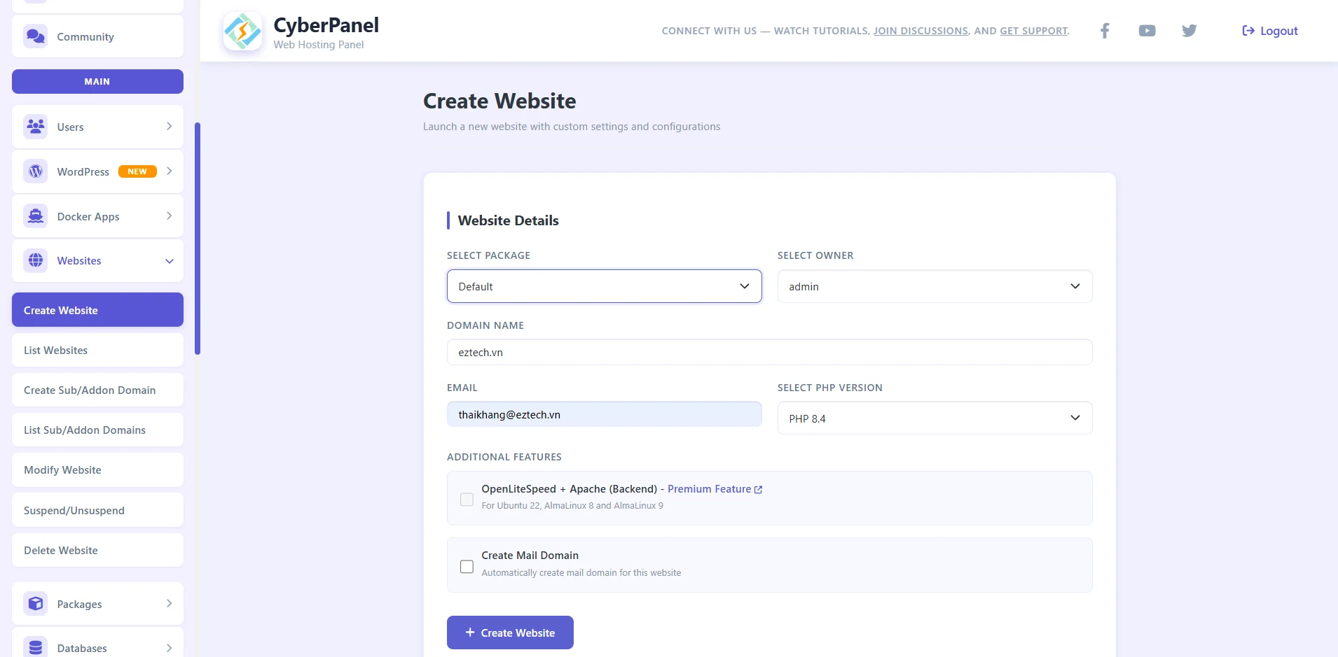 Tạo website mới trong CyberPanel