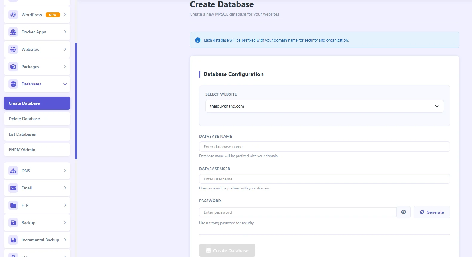 Tạo database trong CyberPanel