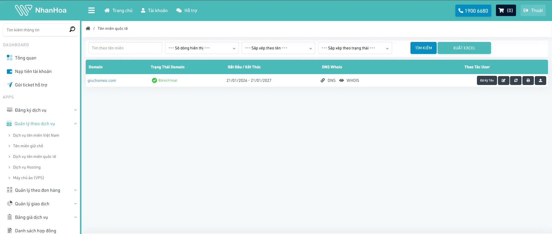 Trang quản trị tên miền mua tại Nhân Hòa